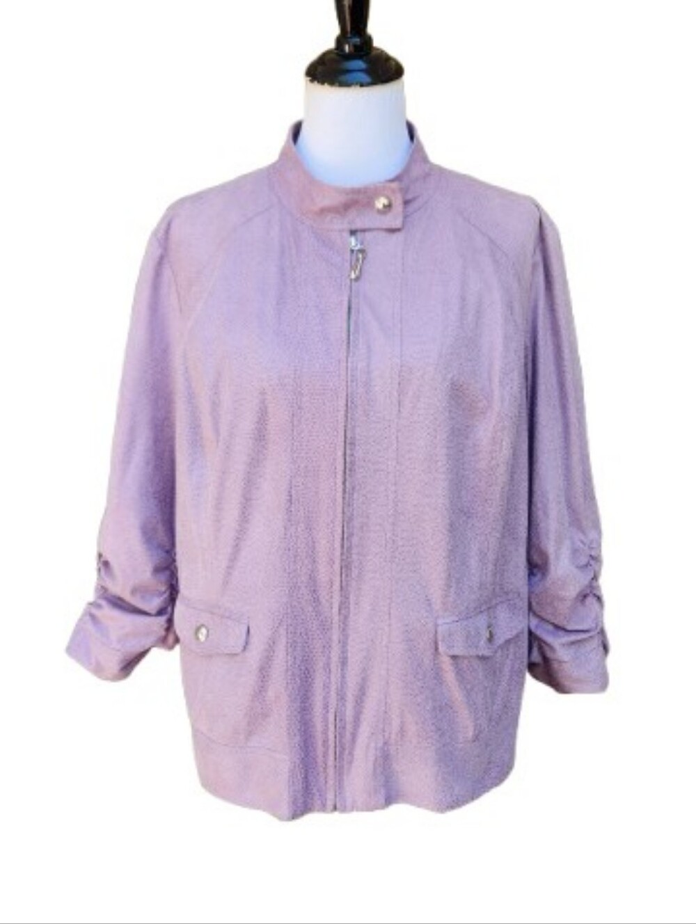 CJ Banks Plus Purple Moto Jacket Scaled Print Ruched 3/4 Sleeves Lightweight